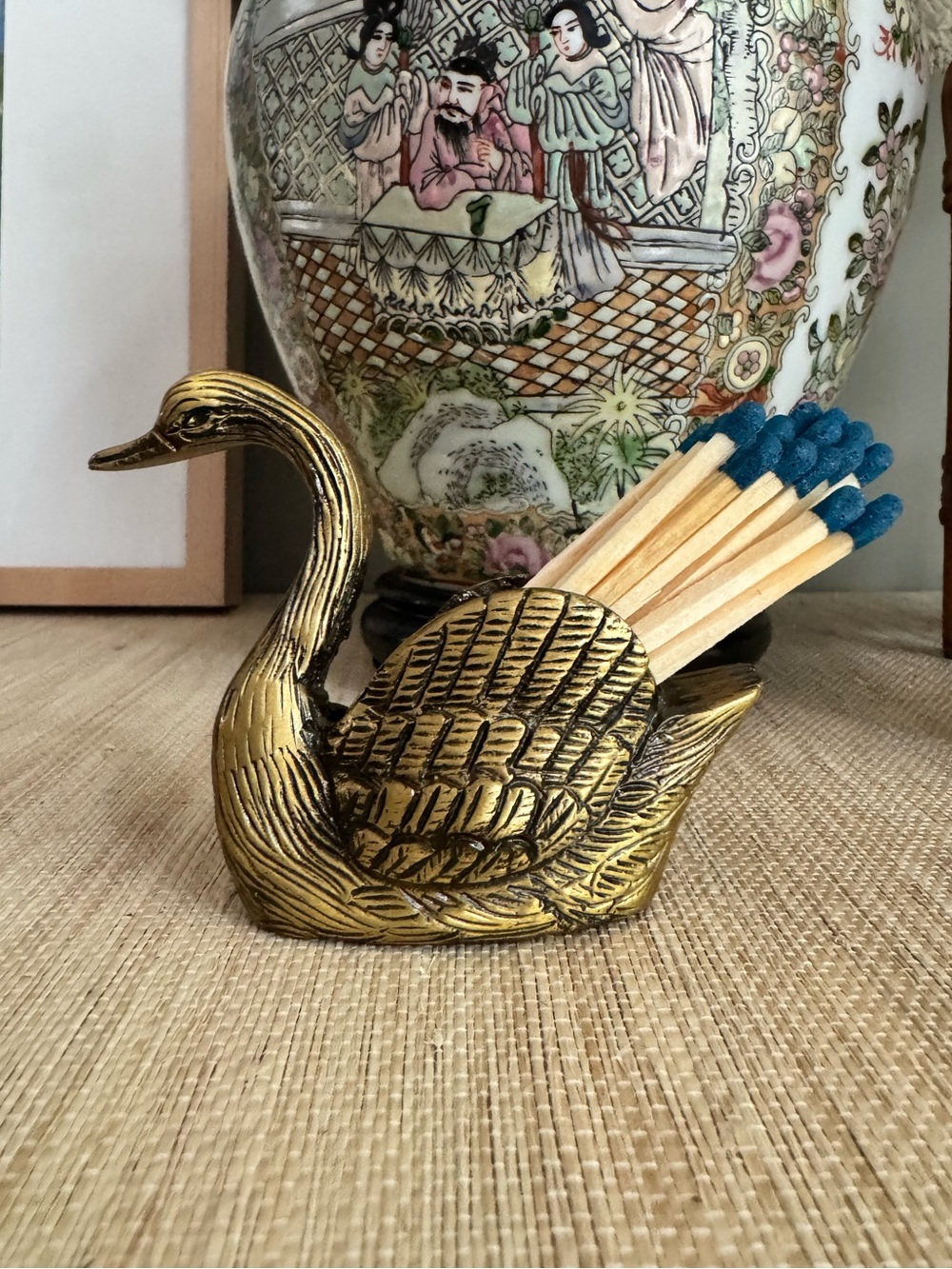 NWOT Brass Swan Matchstick Holder & Striker - Vintage Style Home Decor